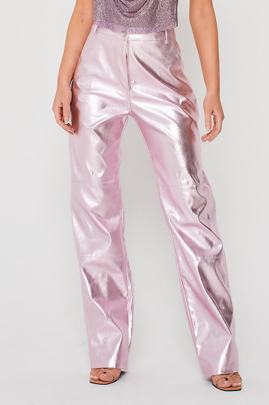 Full Length Wide Leg Metallic Trousers Pink