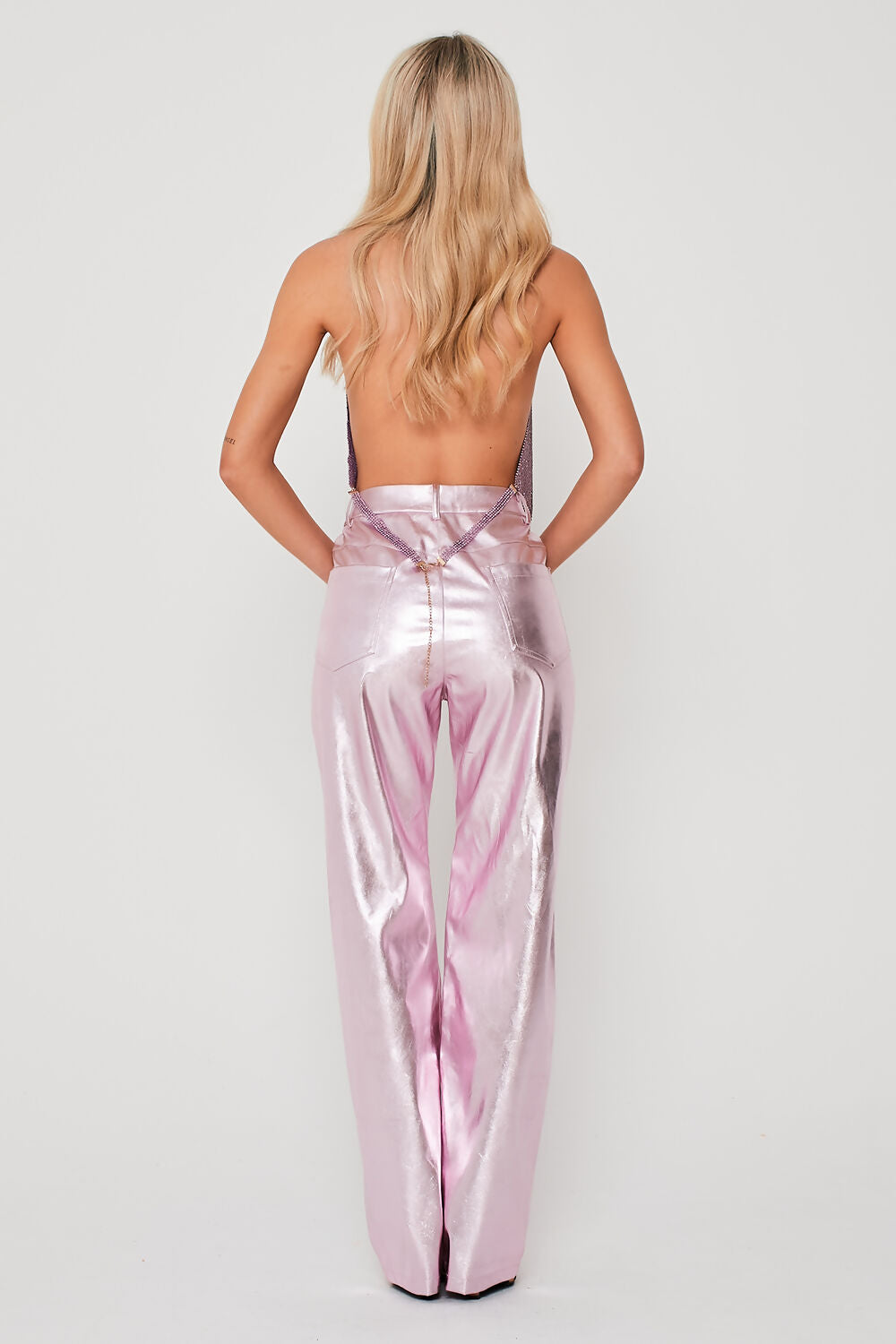 Full Length Wide Leg Metallic Trousers Pink