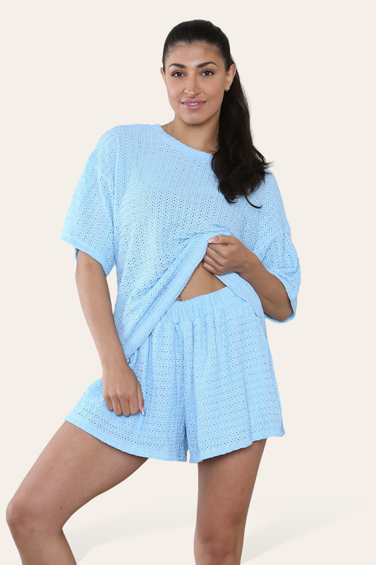 Crochet Oversized T-Shirt & Matching Shorts Co-Ord in Baby Blue