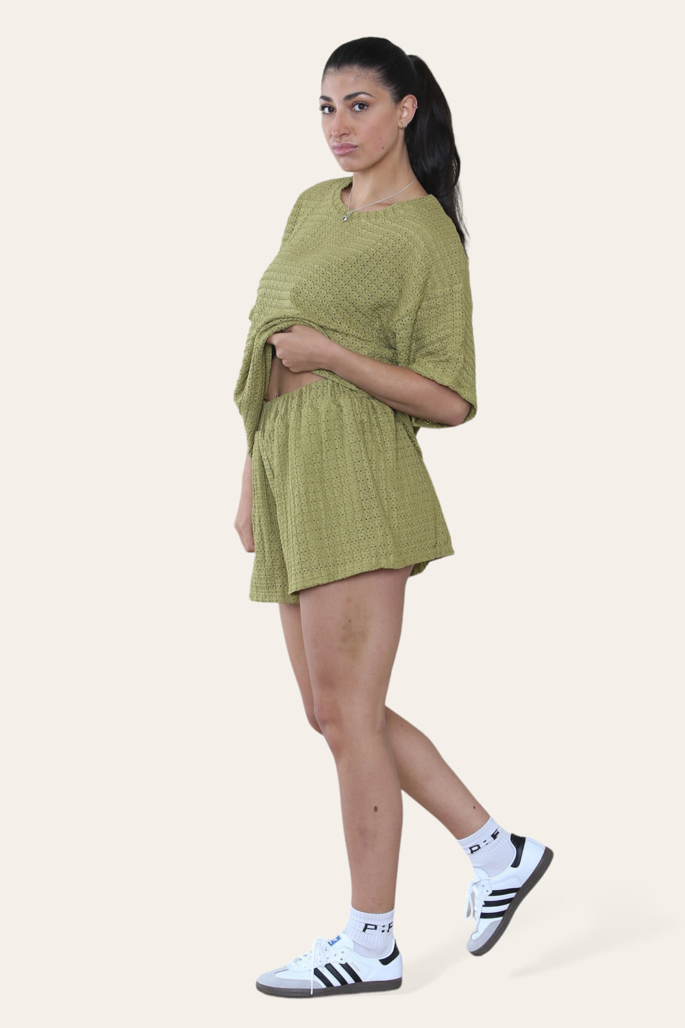 Crochet Oversized T-Shirt & Matching Shorts Co-Ord in Olive Green side