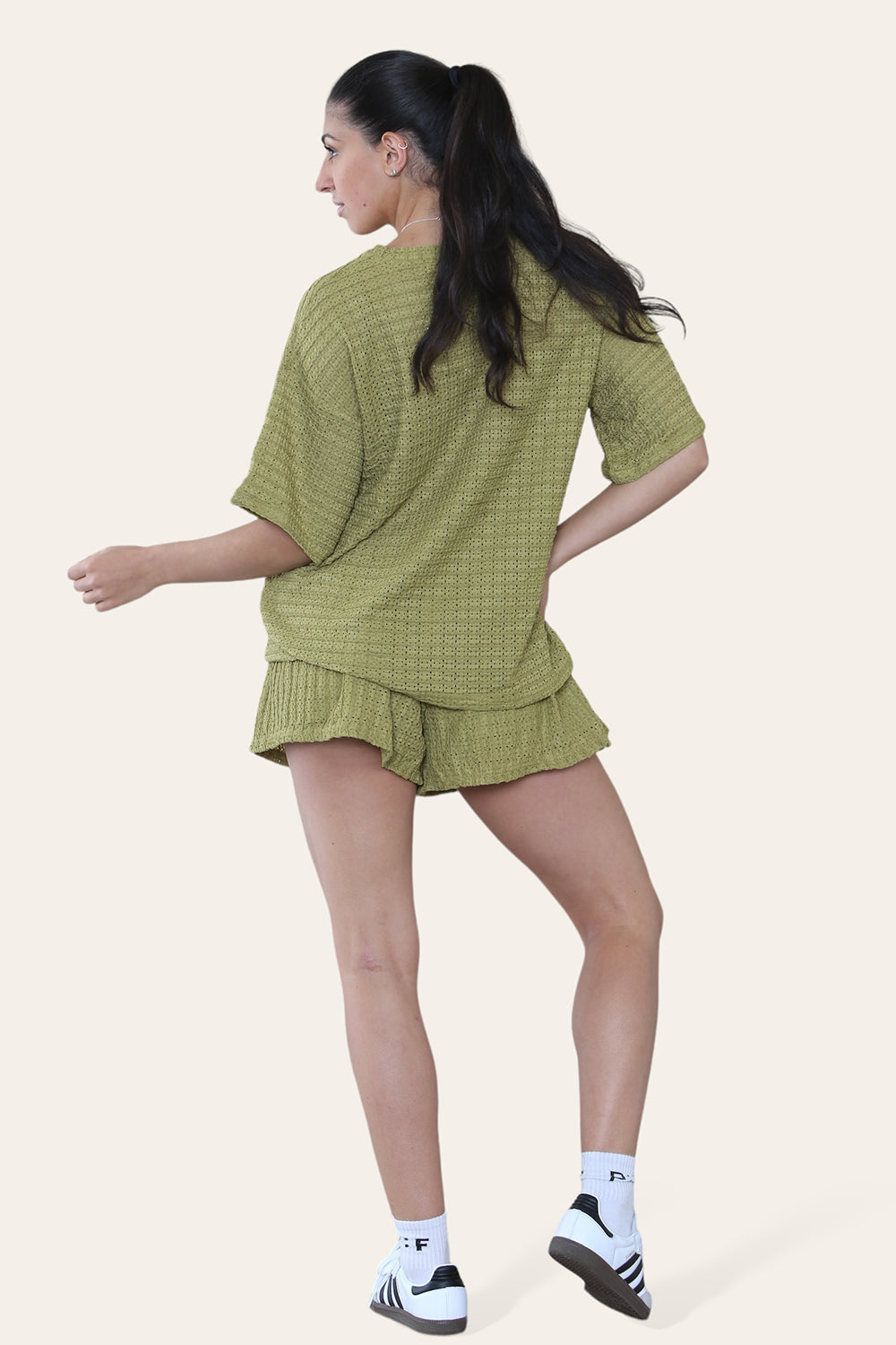 Crochet Oversized T-Shirt & Matching Shorts Co-Ord in Olive Green back
