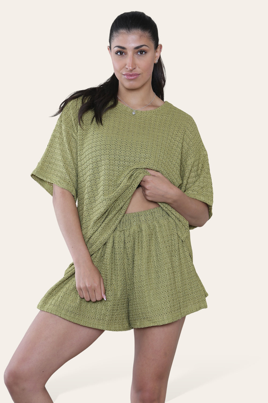 Crochet Oversized T-Shirt & Matching Shorts Co-Ord in Olive Green