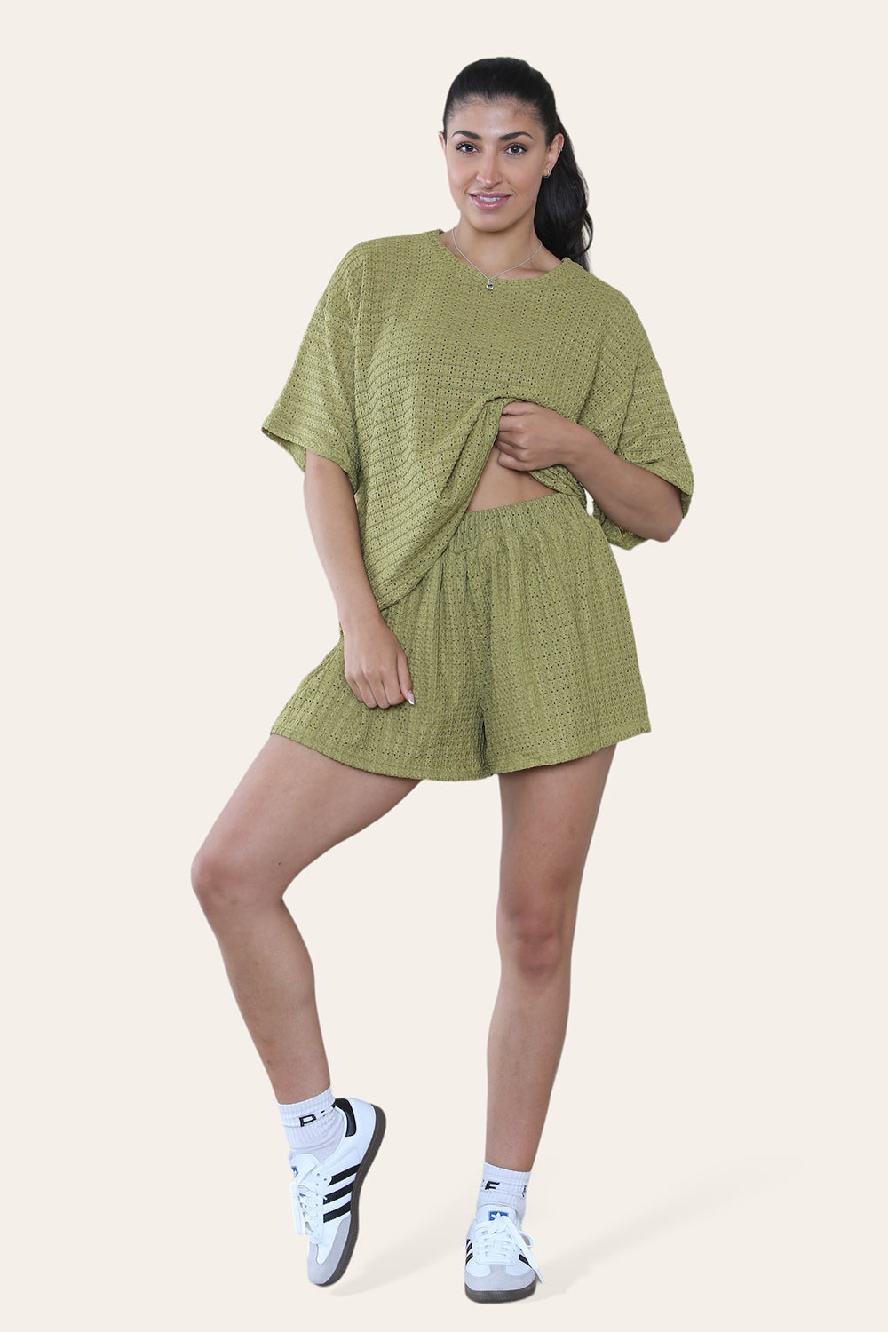 Crochet Oversized T-Shirt & Matching Shorts Co-Ord in Olive Green front