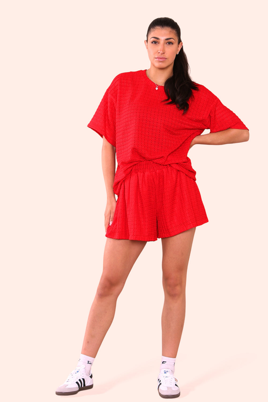 Crochet Oversized T-Shirt & Matching Shorts Co-Ord in Red
