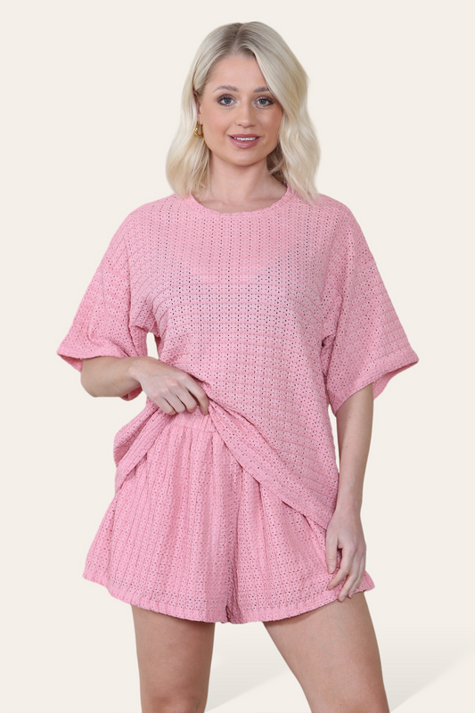 Crochet Oversized T-Shirt & Matching Shorts Co-Ord in Pink
