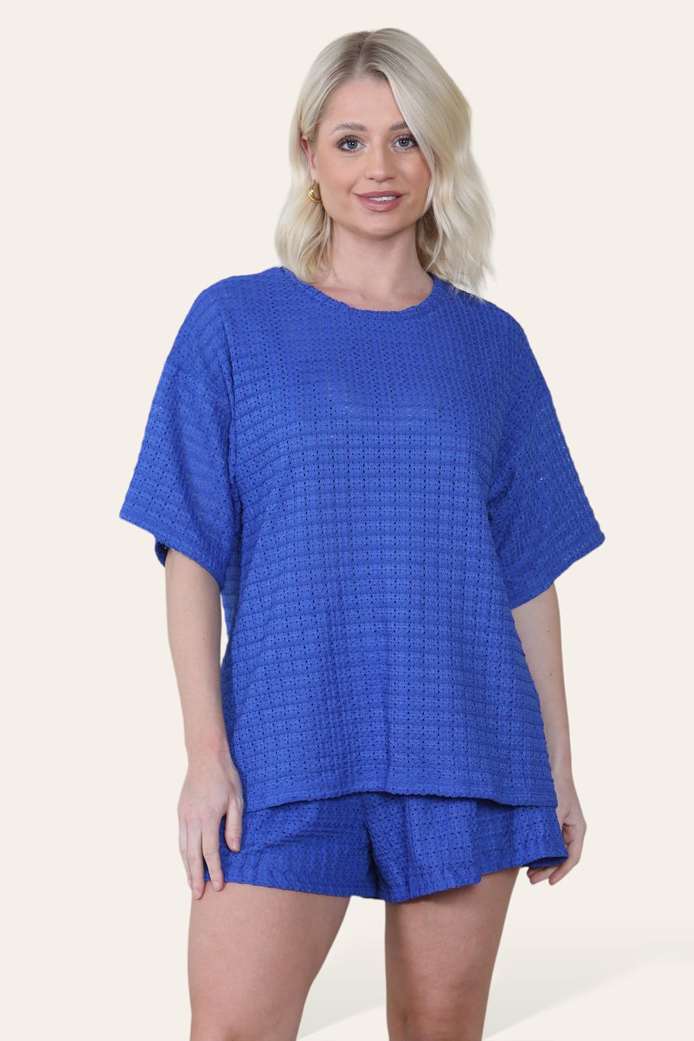 Crochet Oversized T-Shirt & Matching Shorts Co-Ord in Royal Blue front