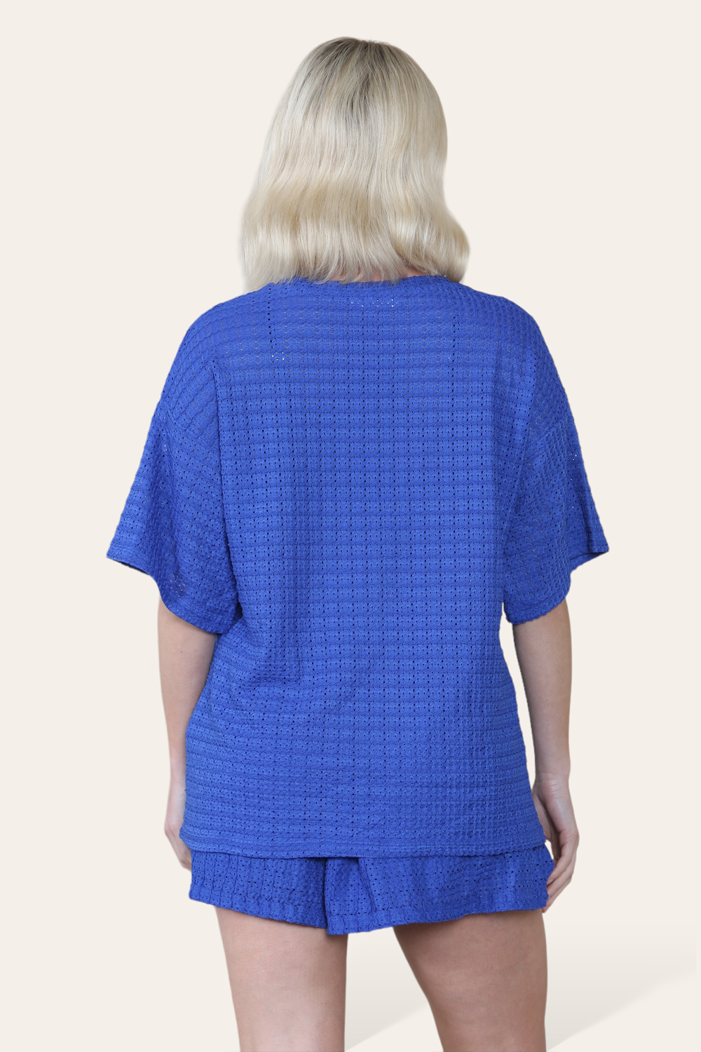 Crochet Oversized T-Shirt & Matching Shorts Co-Ord in Royal Blue back