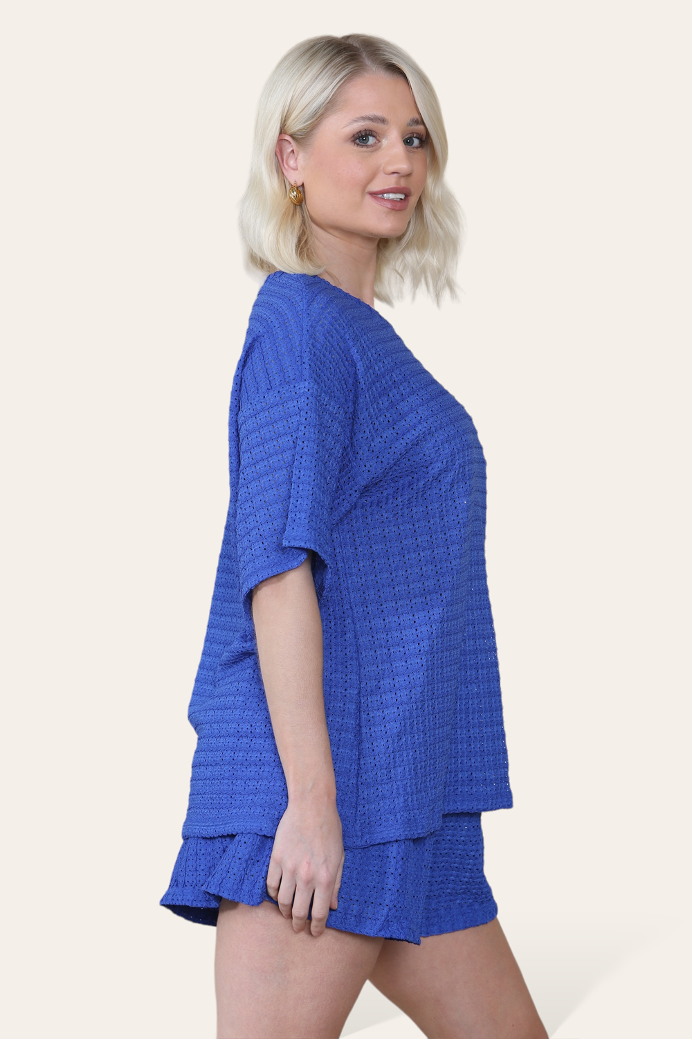 Crochet Oversized T-Shirt & Matching Shorts Co-Ord in Royal Blue side