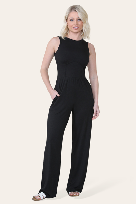 Solid Ribbed High Neck Wide Leg Sleeveless Jumpsuit in Black