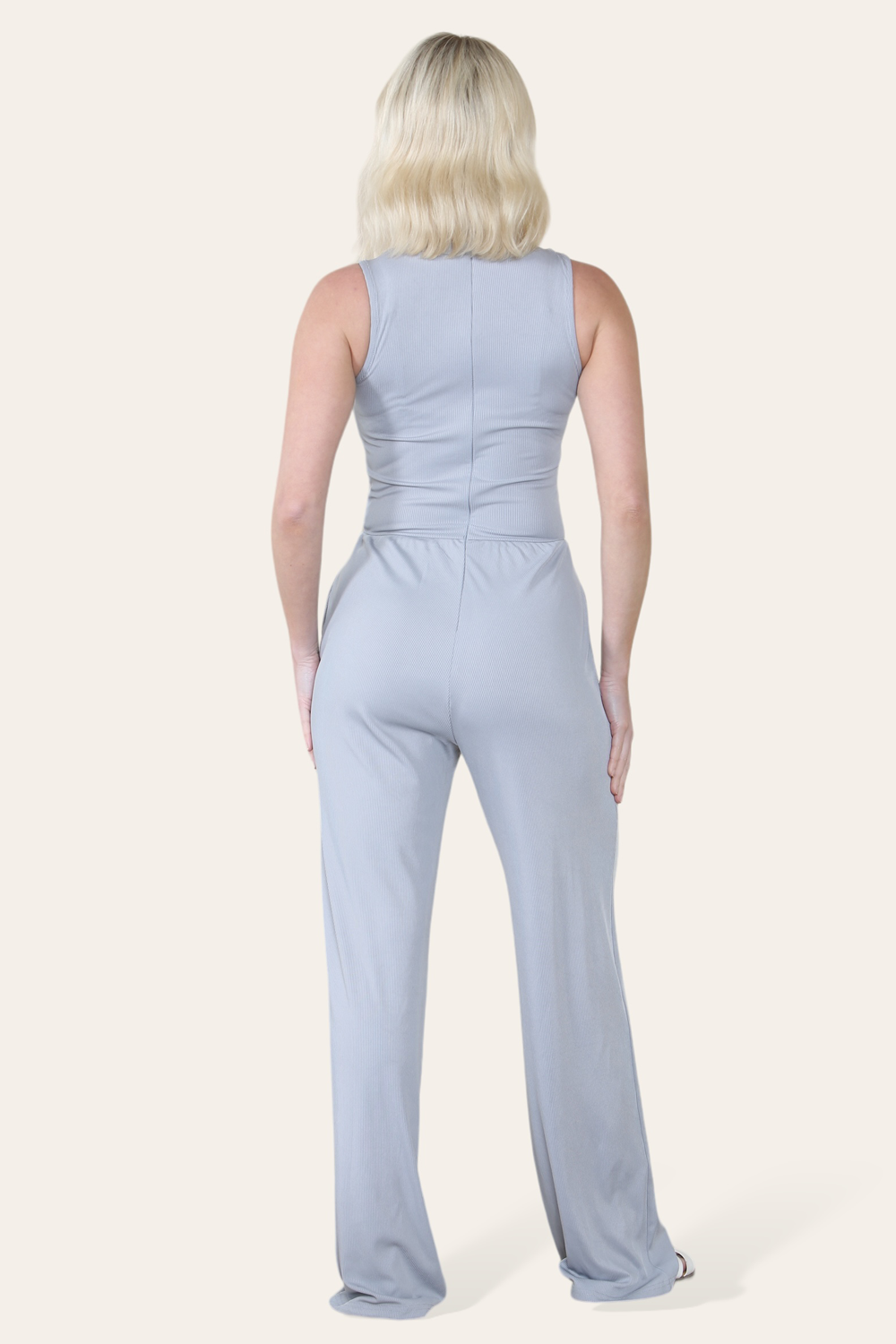Solid Ribbed High Neck Wide Leg Sleeveless Jumpsuit in Grey back