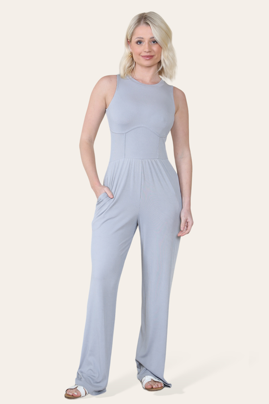 Solid Ribbed High Neck Wide Leg Sleeveless Jumpsuit in Grey
