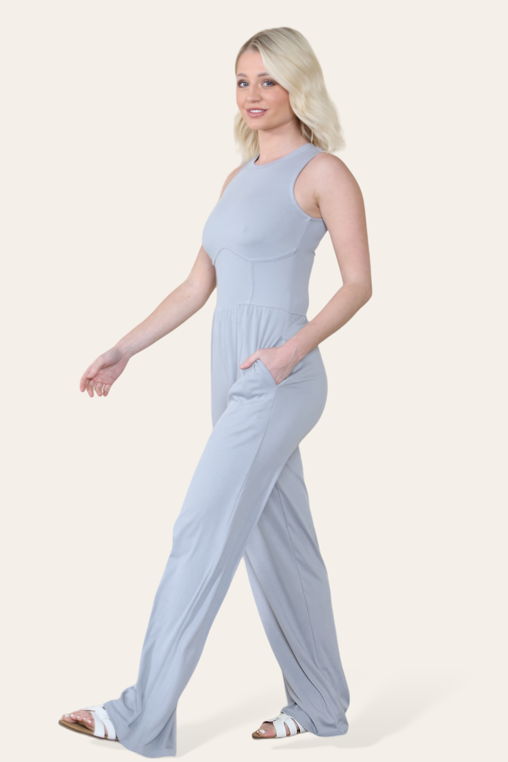 Solid Ribbed High Neck Wide Leg Sleeveless Jumpsuit in Grey side