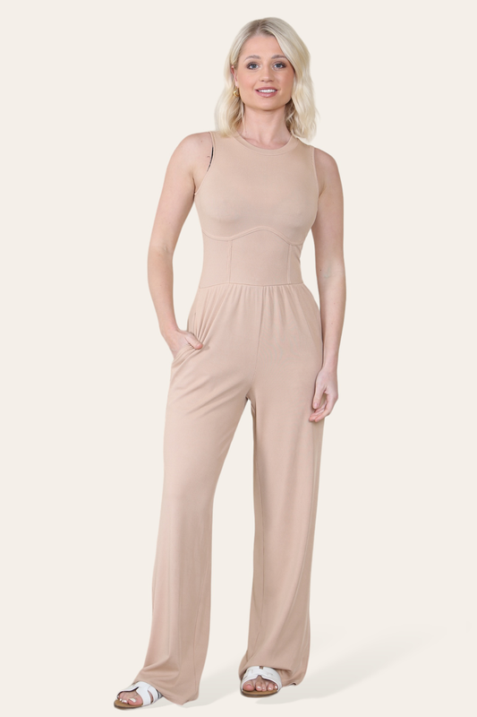 Solid Ribbed High Neck Wide Leg Sleeveless Jumpsuit in Camel