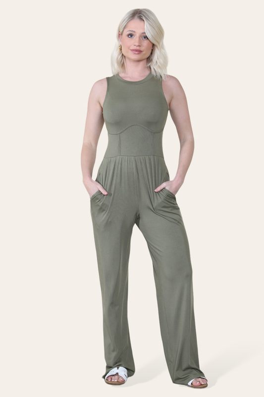 Solid Ribbed High Neck Wide Leg Sleeveless Jumpsuit in Khaki