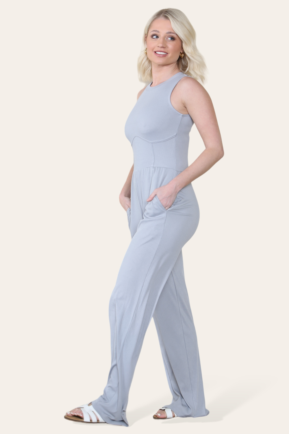 Solid Ribbed High Neck Wide Leg Sleeveless Jumpsuit in Grey side 2