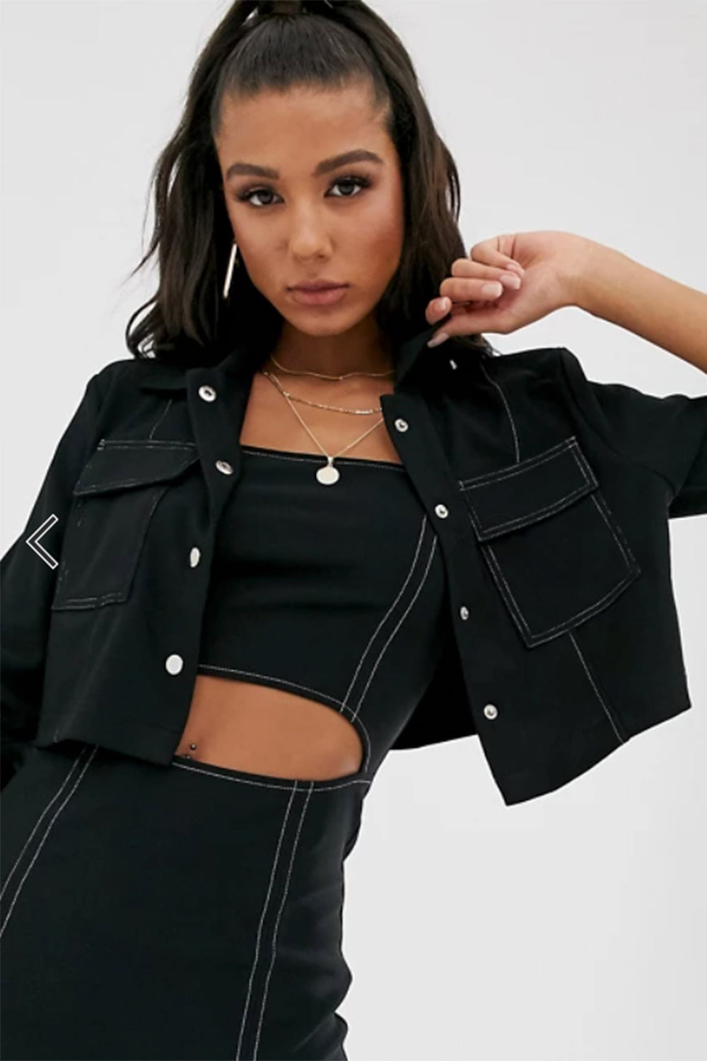 Contrast Stitch Detail Cropped Jacket Black with Plus Size