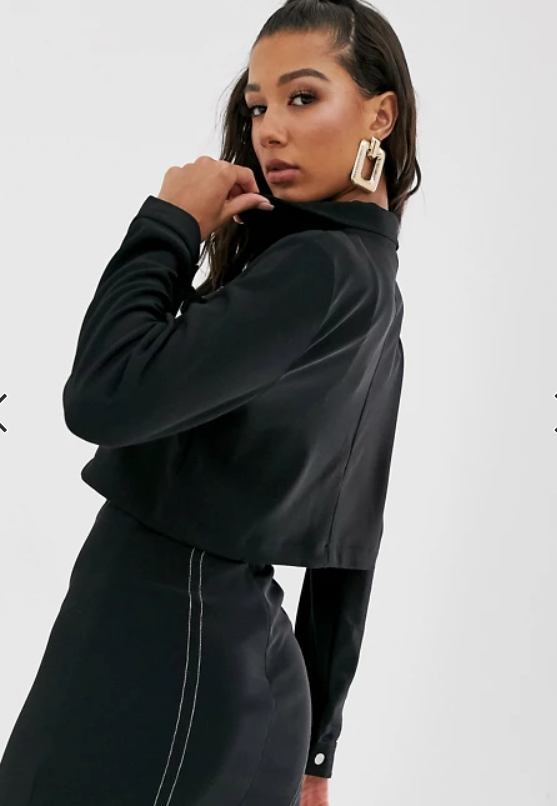 Contrast Stitch Detail Cropped Jacket Black with Plus Size