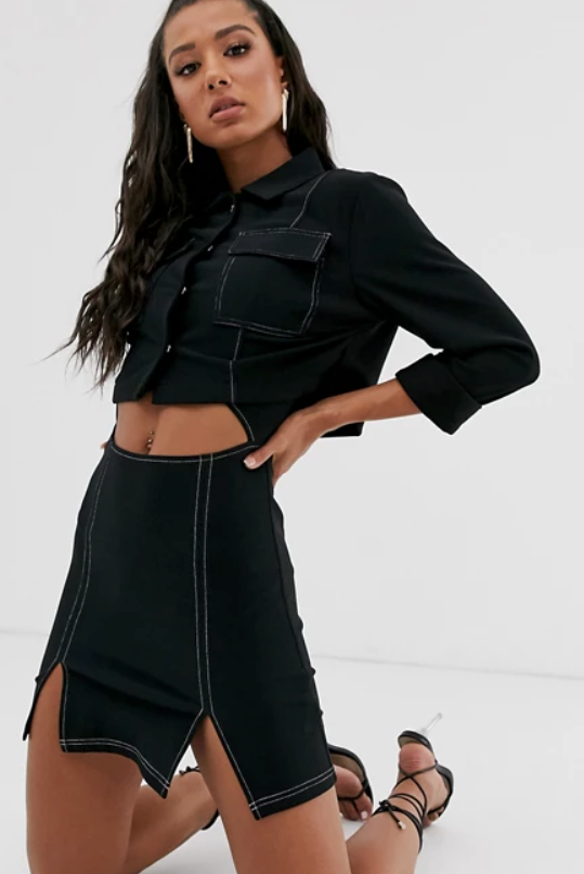 Contrast Stitch Detail Cropped Jacket Black with Plus Size