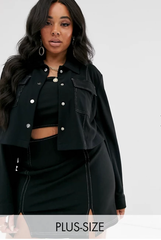 Contrast Stitch Detail Cropped Jacket Black with Plus Size