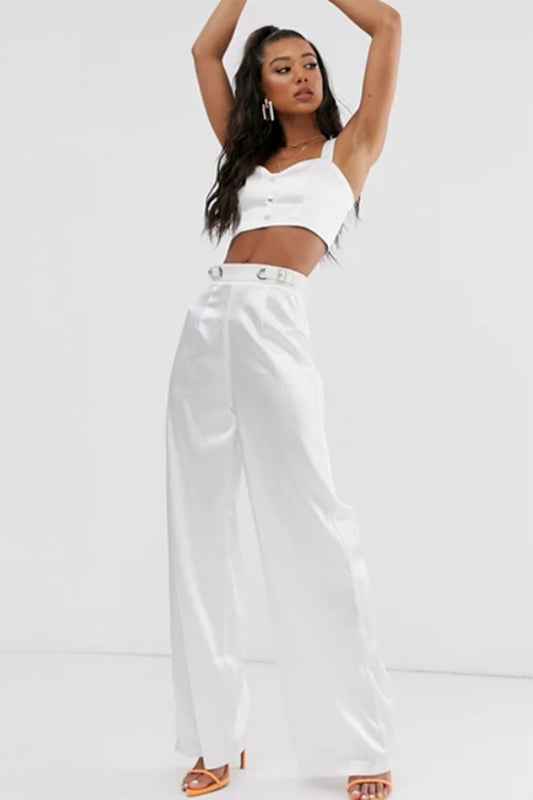 Satin Wide Leg Trouser With Hardware Detail Ivory With Plus Size