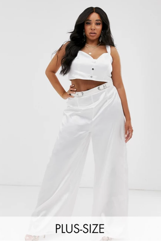 Satin Wide Leg Trouser With Hardware Detail Ivory With Plus Size
