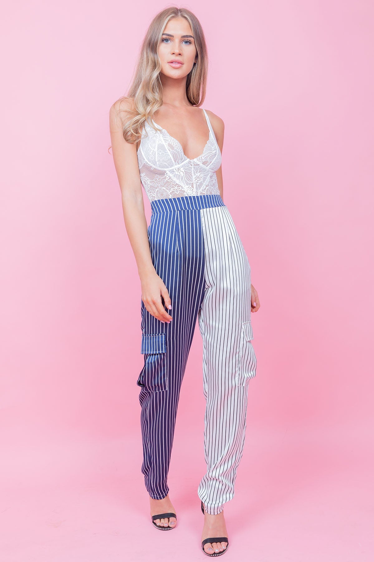 Tone Stripe Trousers With Pockets White & Blue