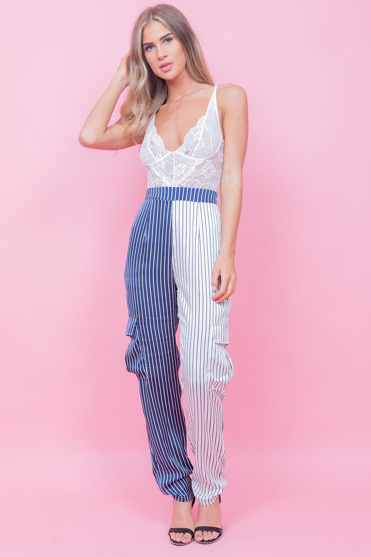 Tone Stripe Trousers With Pockets White & Blue