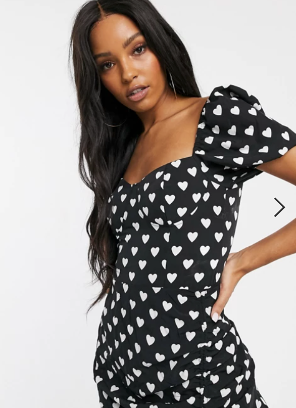 Sweetheart Bodysuit With Puff Sleeve In Mono Heart Print