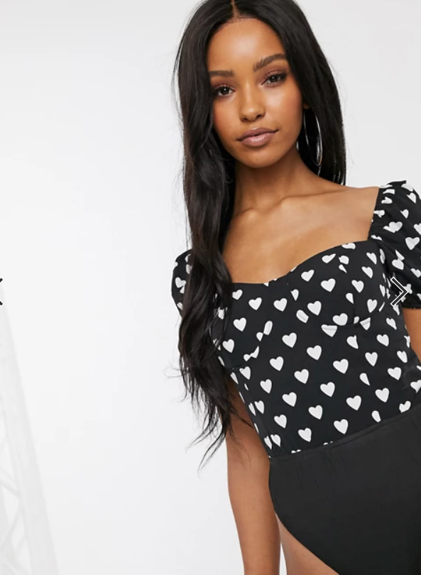 Sweetheart Bodysuit With Puff Sleeve In Mono Heart Print