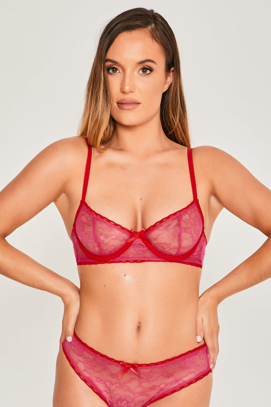 Contract Lace Bow Detail Lingerie Set Hot Pink