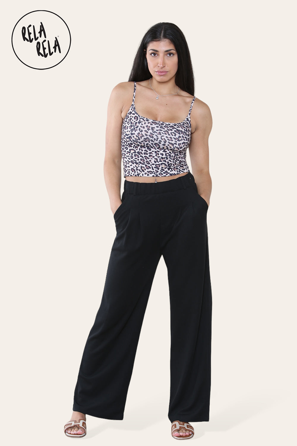 High Waisted Plicated Side Pocket Wide Leg Work Pants in Black front