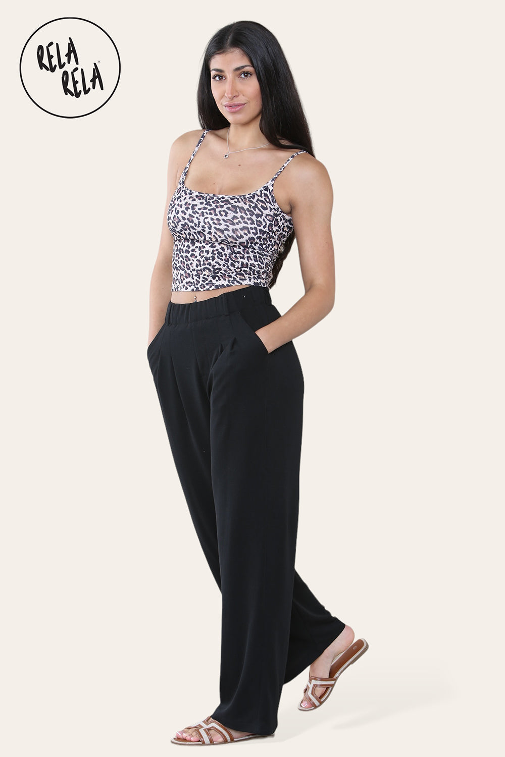 High Waisted Plicated Side Pocket Wide Leg Work Pants in Black side 3