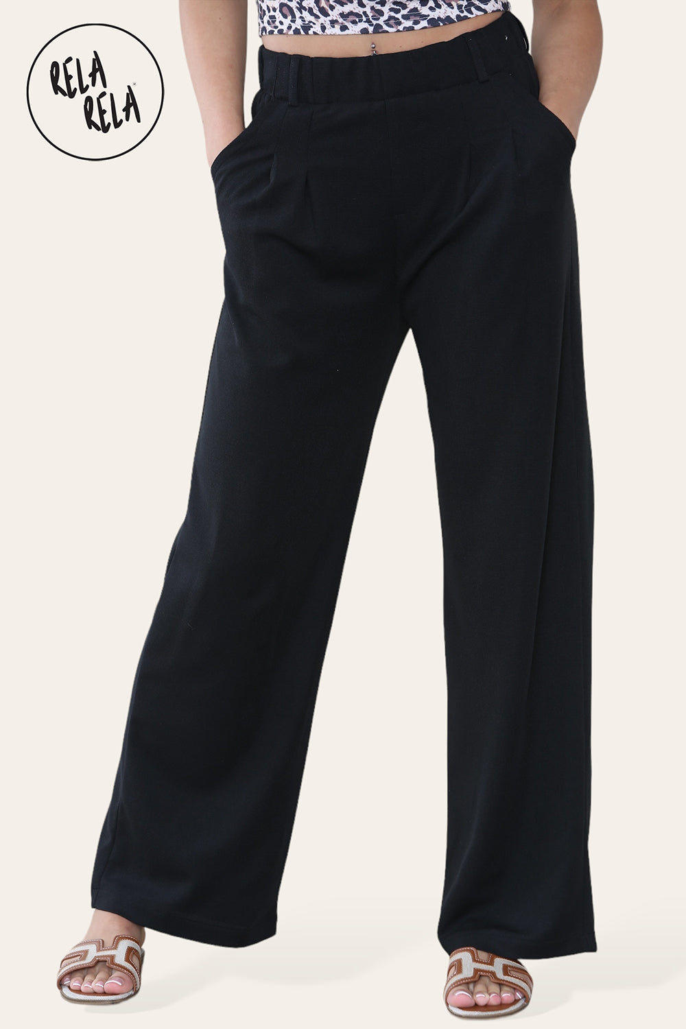 High Waisted Plicated Side Pocket Wide Leg Work Pants in Black