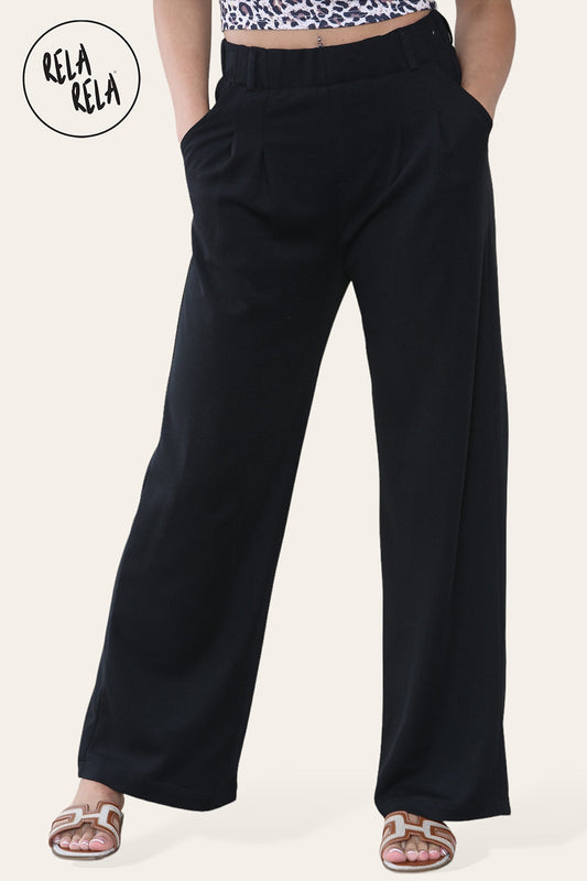 High Waisted Plicated Side Pocket Wide Leg Work Pants in Black