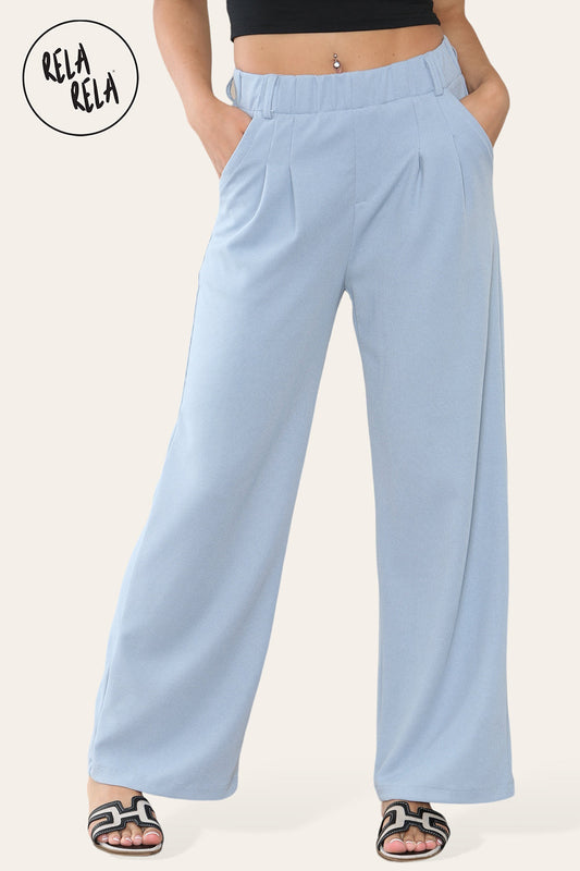 High Waisted Plicated Side Pocket Wide Leg Work Pants in Blue