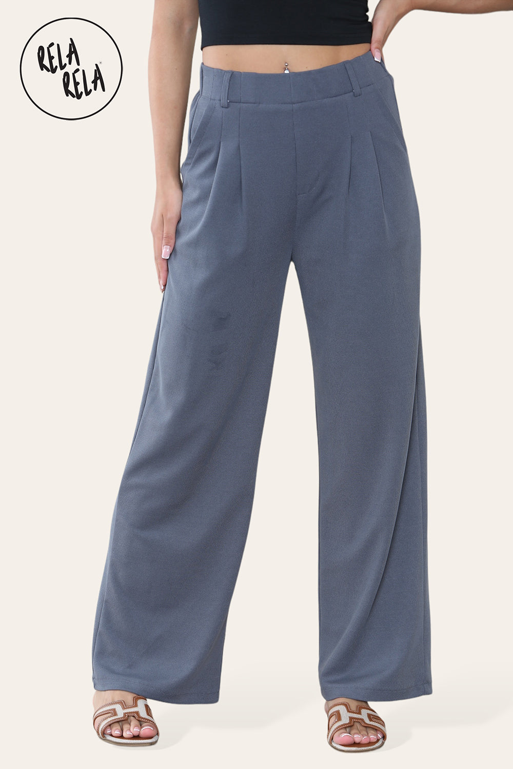 High Waisted Plicated Side Pocket Wide Leg Work Pants in Charcoal