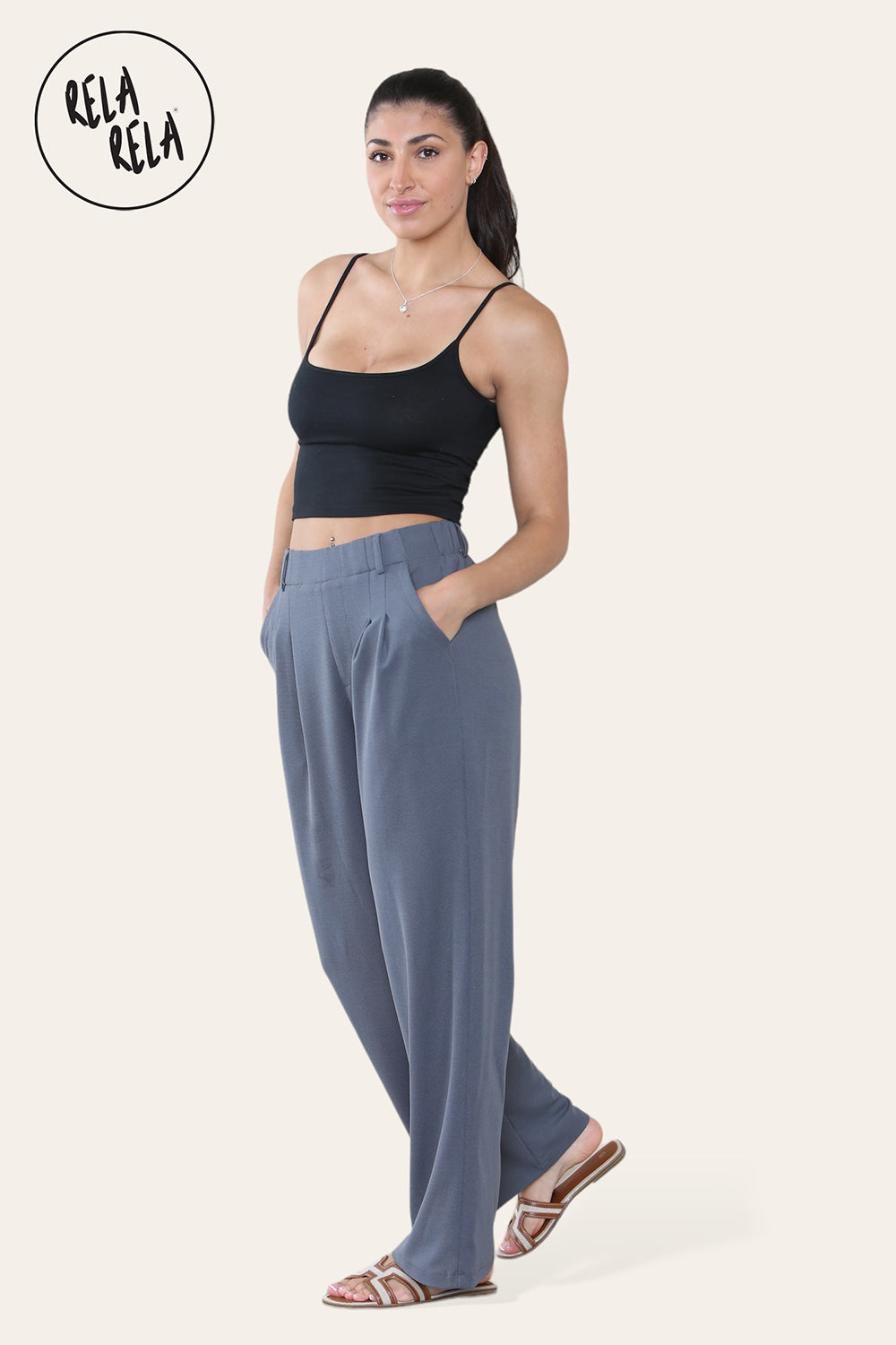 High Waisted Plicated Side Pocket Wide Leg Work Pants in Charcoal full