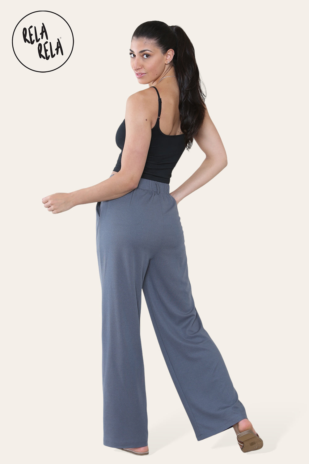 High Waisted Plicated Side Pocket Wide Leg Work Pants in Charcoal side