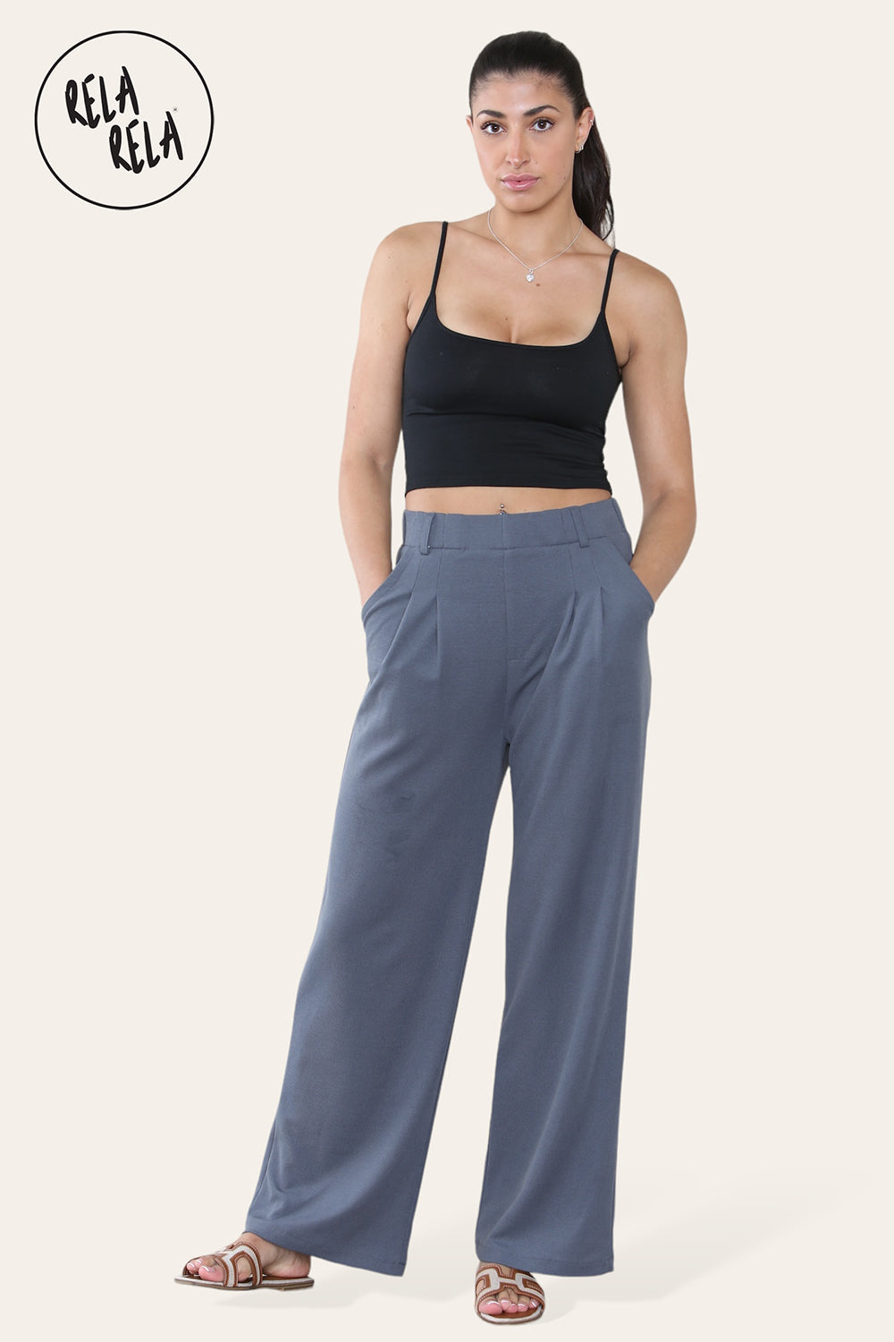 High Waisted Plicated Side Pocket Wide Leg Work Pants in Charcoal full