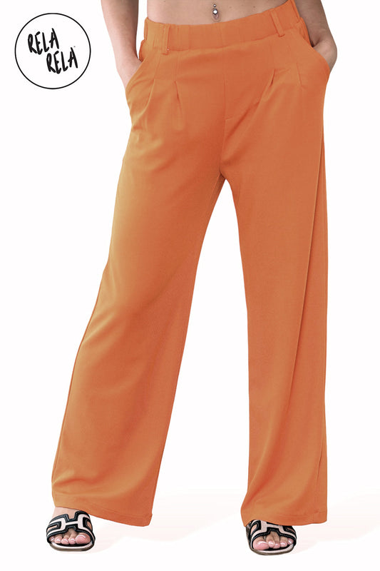 High Waisted Plicated Side Pocket Wide Leg Work Pants in Orange