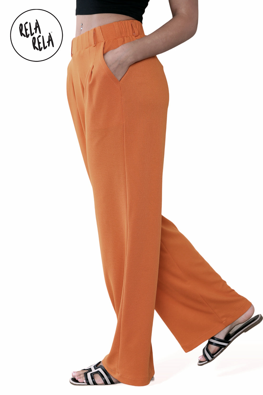 High Waisted Plicated Side Pocket Wide Leg Work Pants in Orange side 2