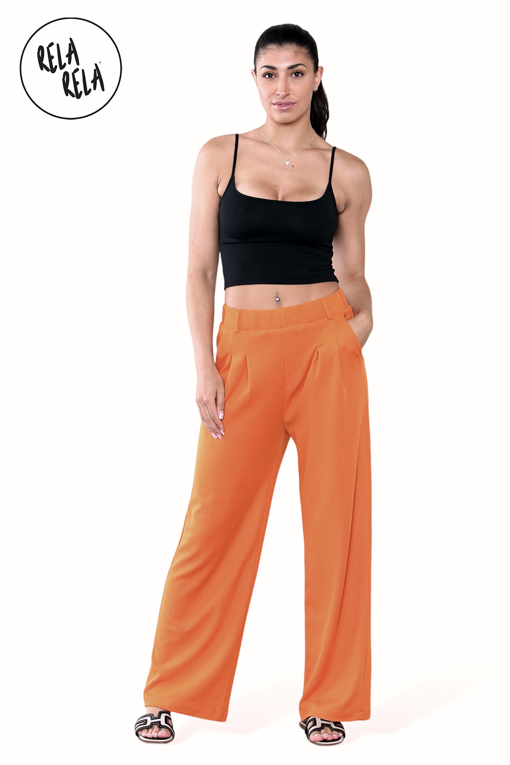 High Waisted Plicated Side Pocket Wide Leg Work Pants in Orange full