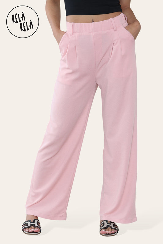 High Waisted Plicated Side Pocket Wide Leg Work Pants in Rose Pink