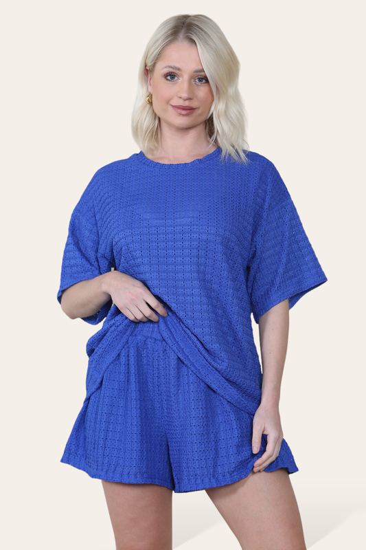 Crochet Oversized T-Shirt & Matching Shorts Co-Ord in Royal Blue