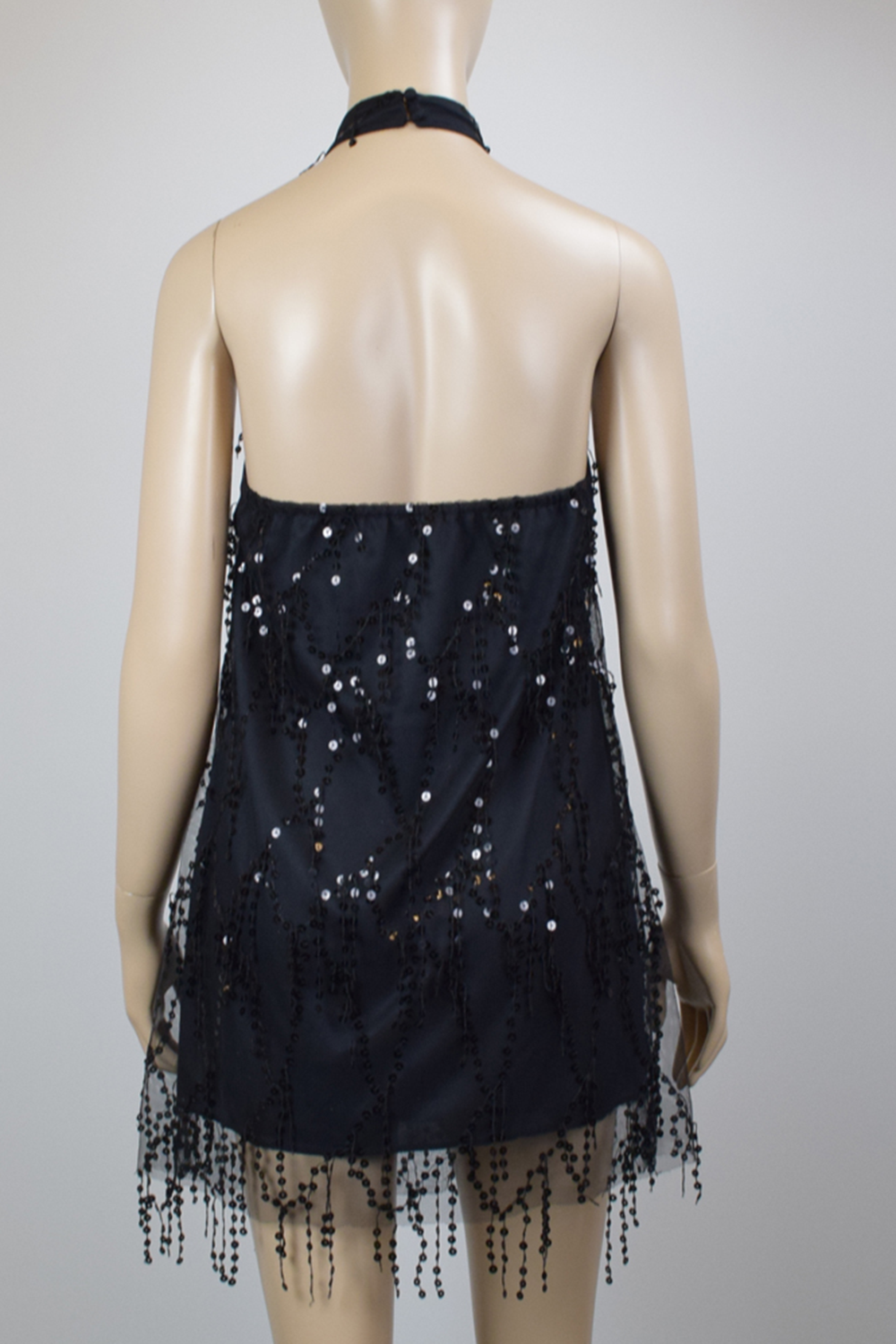 Tassel Sequin Halter Neck Backless Dress Black