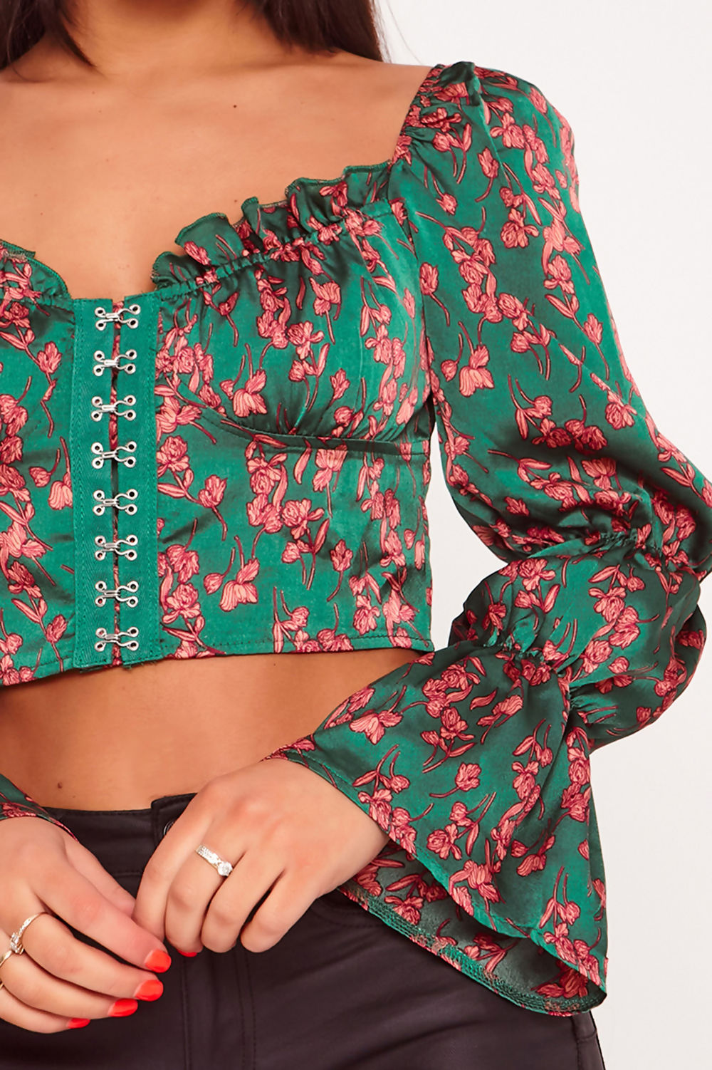Floral Cupped Corset Puff Sleeve Top Green