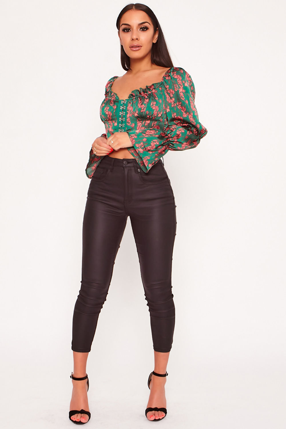Floral Cupped Corset Puff Sleeve Top Green