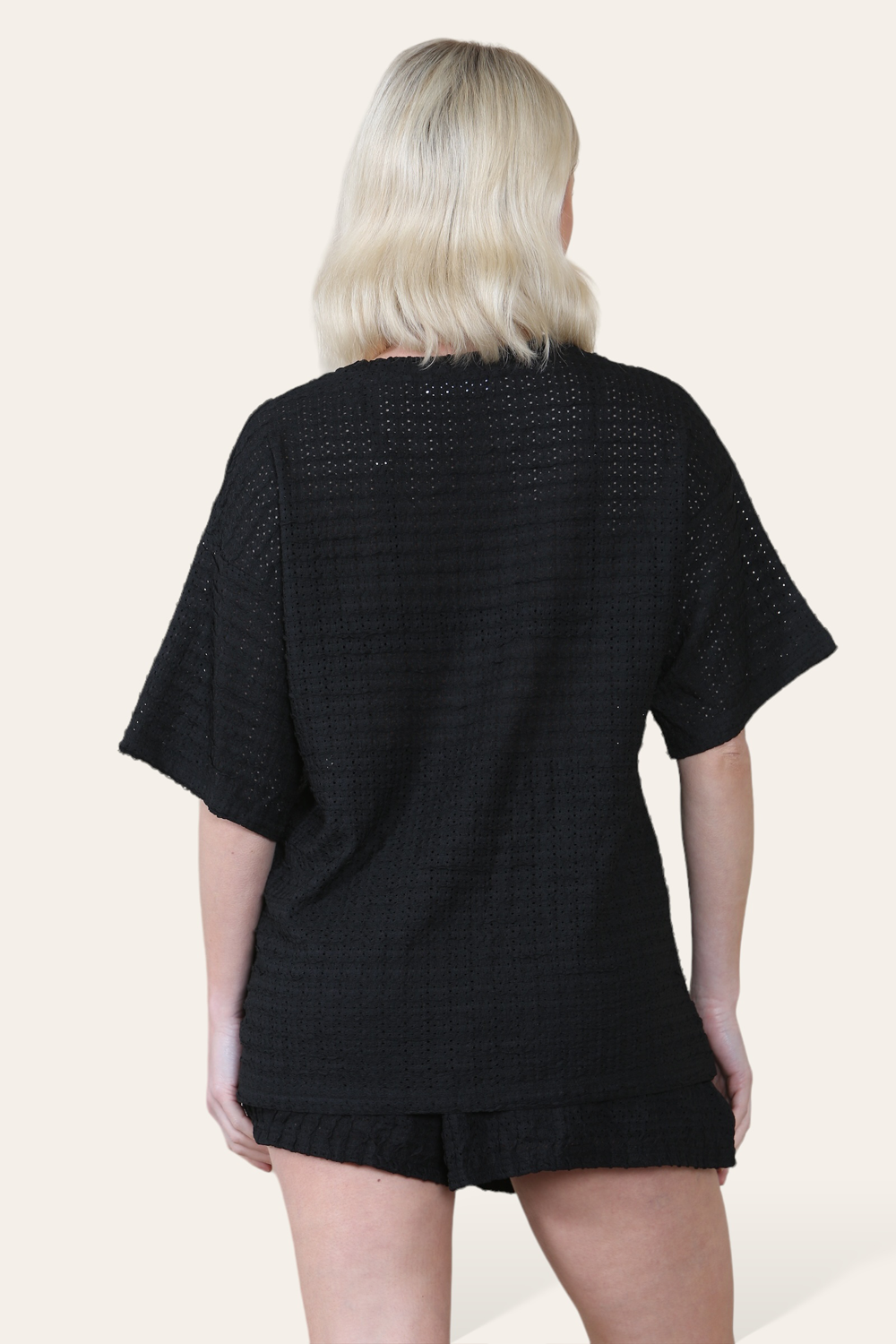 Crochet Oversized T-Shirt & Matching Shorts Co-Ord in Black