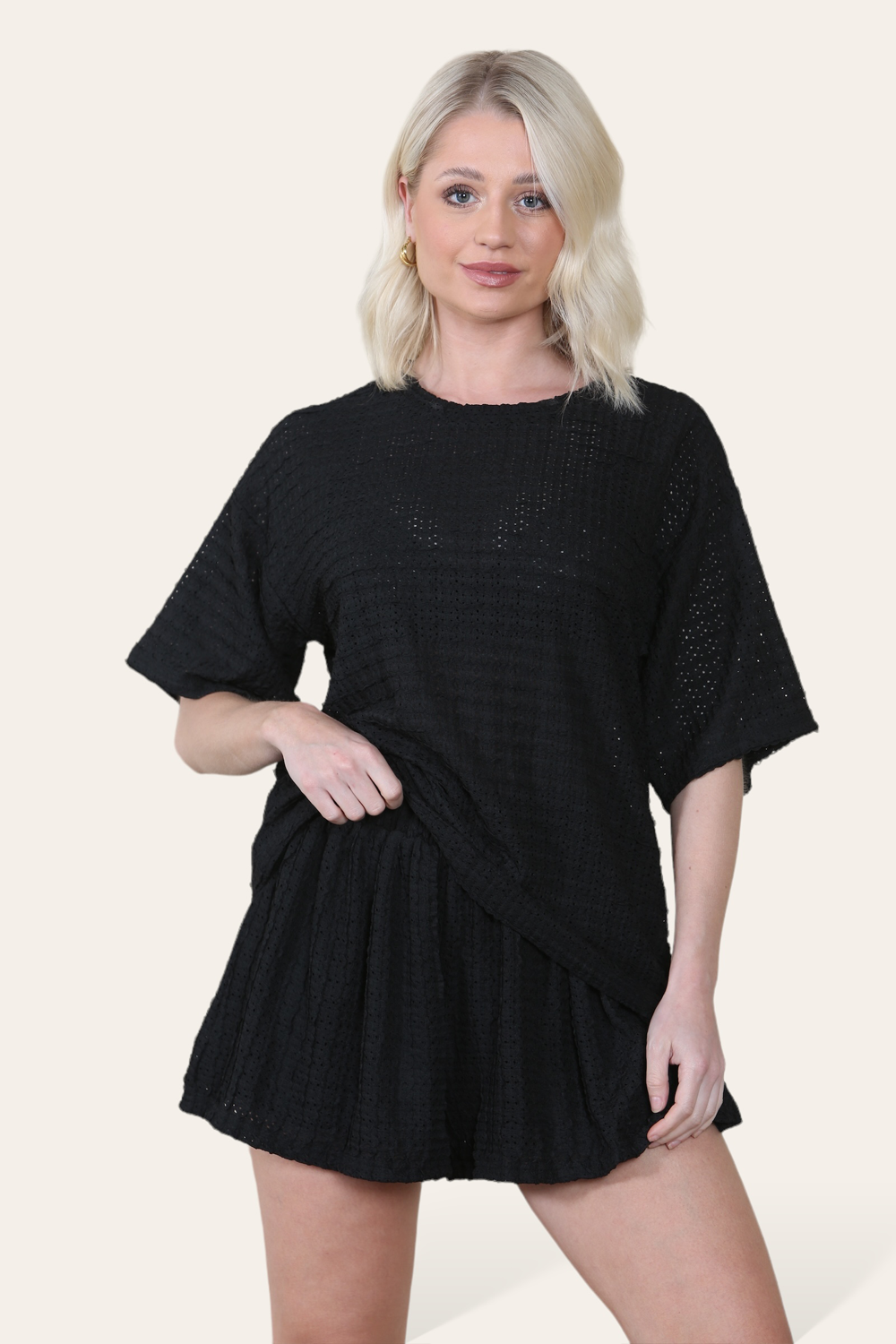 Crochet Oversized T-Shirt & Matching Shorts Co-Ord in Black