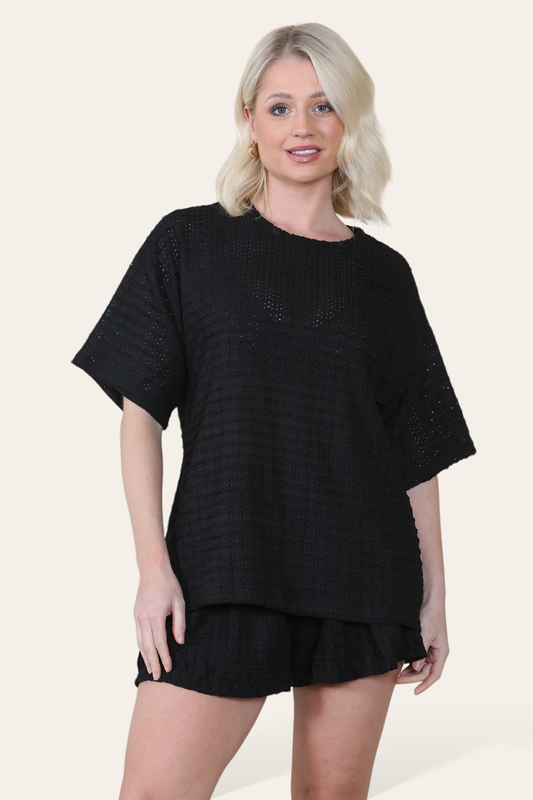 Crochet Oversized T-Shirt & Matching Shorts Co-Ord in Black